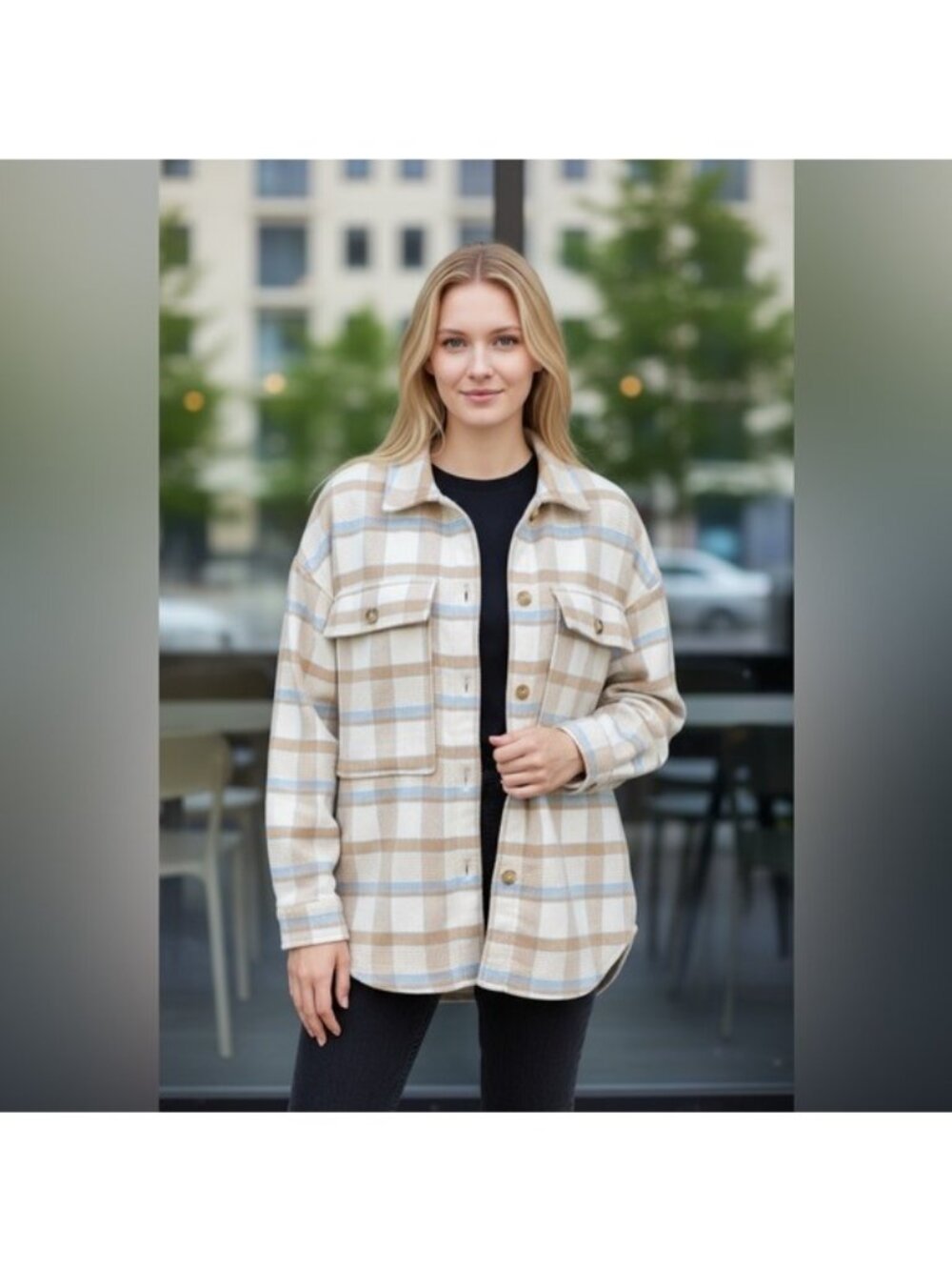 Pink‎ Lily Plaid Shacket Womens Size S Blue Beige Excellent Wool Blend Jacket